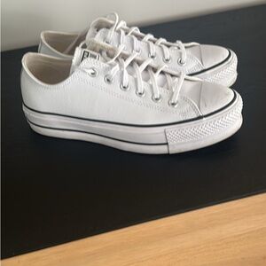 Converse White Leather Low-Top Platform Sneakers, size W9 or M7.